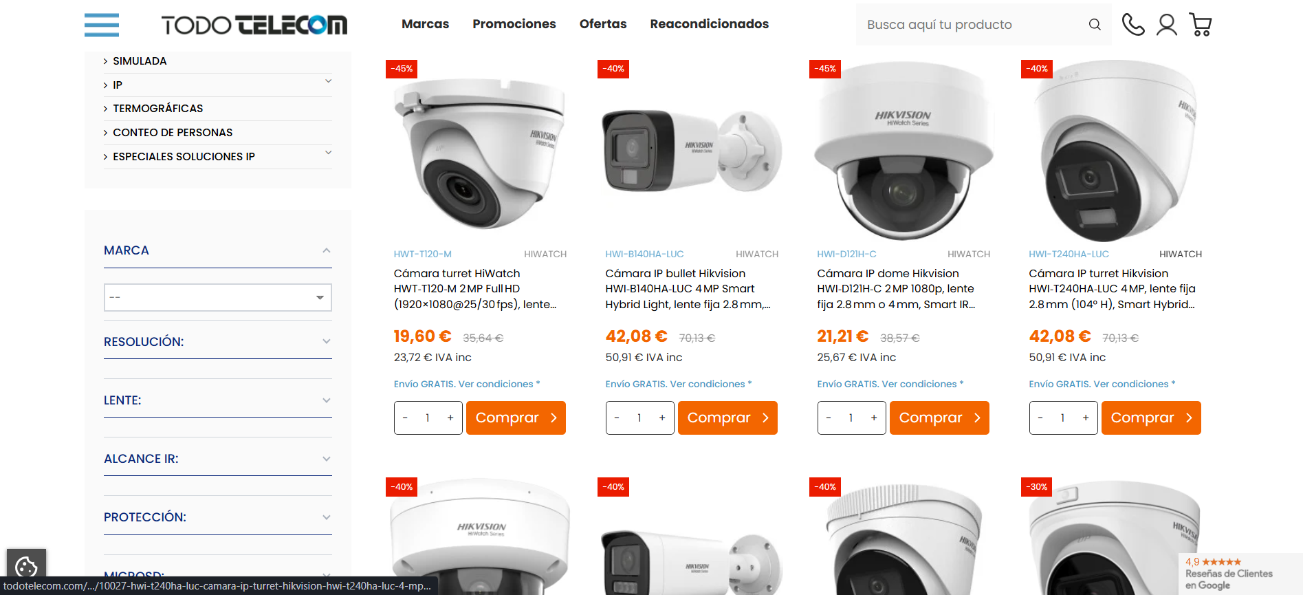 Captura de pantalla de TodoTelecom.com - Productos Hikvision